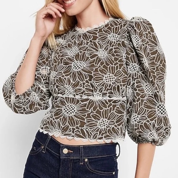 Express Tops - Express Open Back Embroidered Eyelet top brown olive green